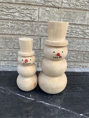 Wooden Snowman Figurines Set - Natural Finish